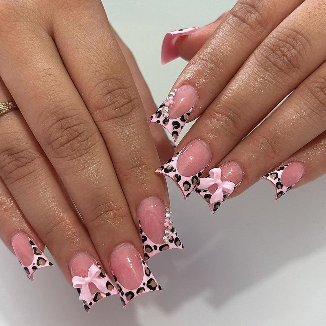 Animal Print Bow-Accented Press-On Nail Art Stornfield