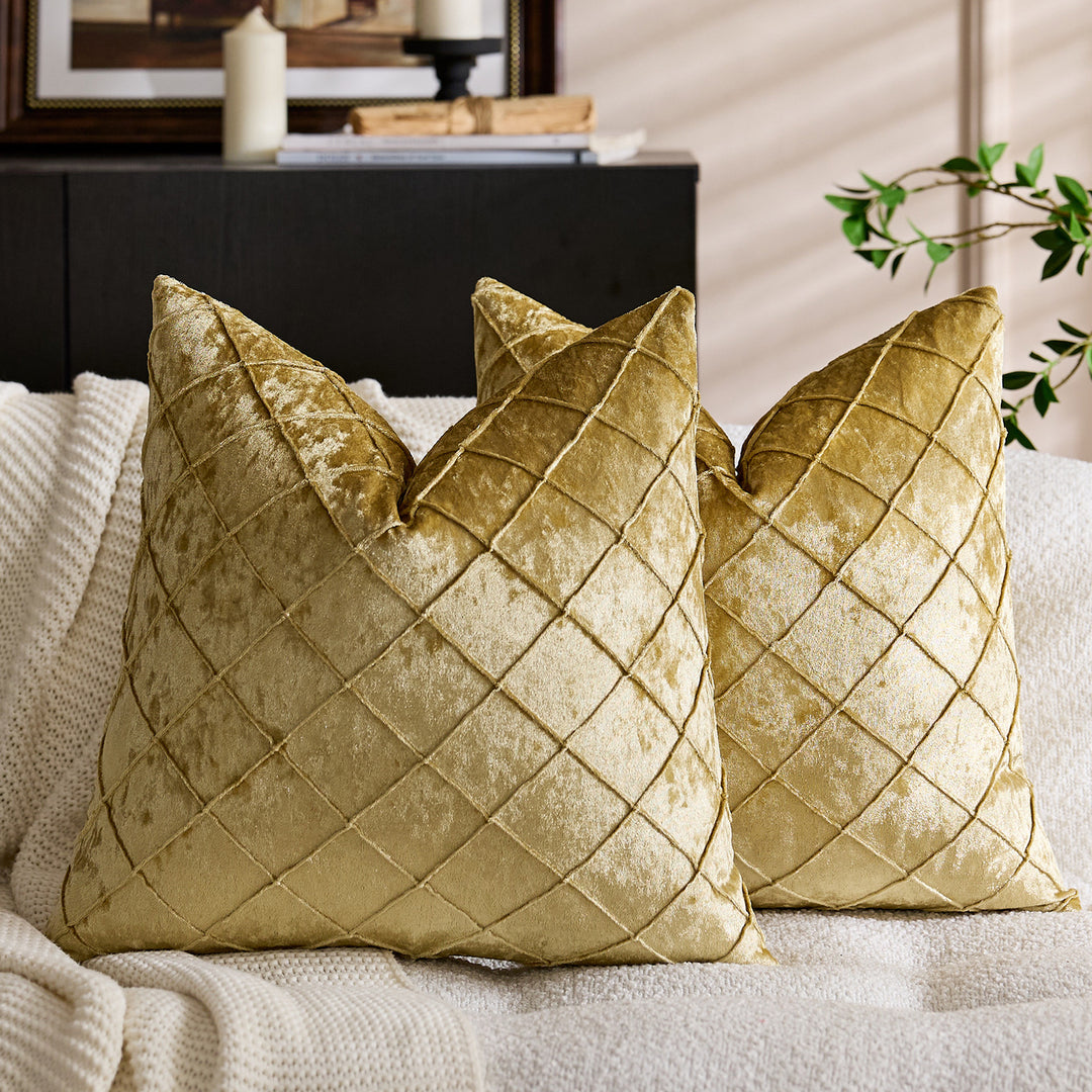 Quilted Diamond Velvet Throw Pillow Cover with Hidden Zipper and Plush Insert Support