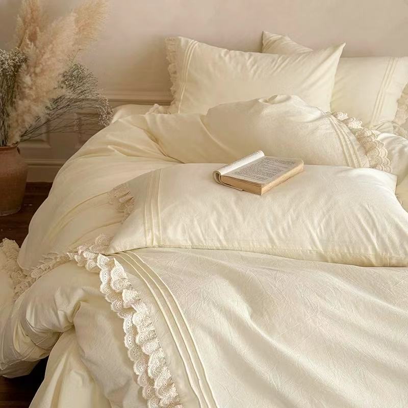 Romantic bedding set with lace ruffles and fine cotton texture