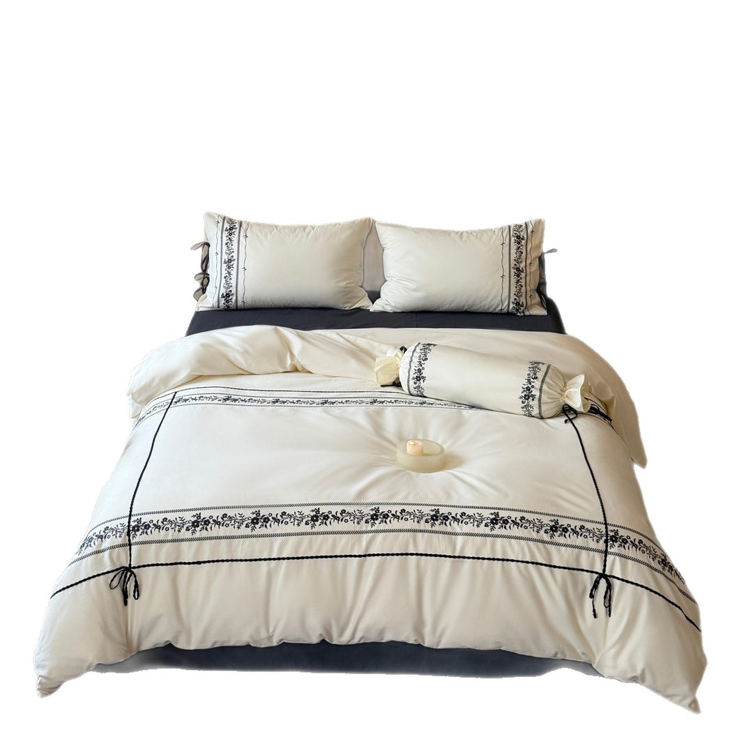 Luxury Embroidered Cotton Duvet Cover Set with Bolster and Tie Pillowcases