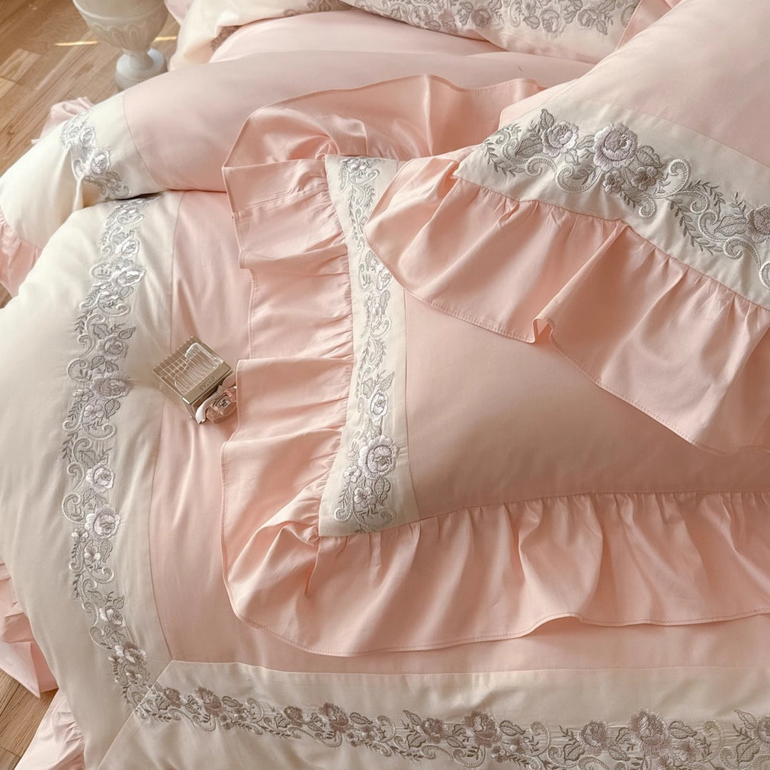 Romantic Ruffle-Trim Cotton Duvet Cover Ensemble with Embroidered Border & Pillow Shams