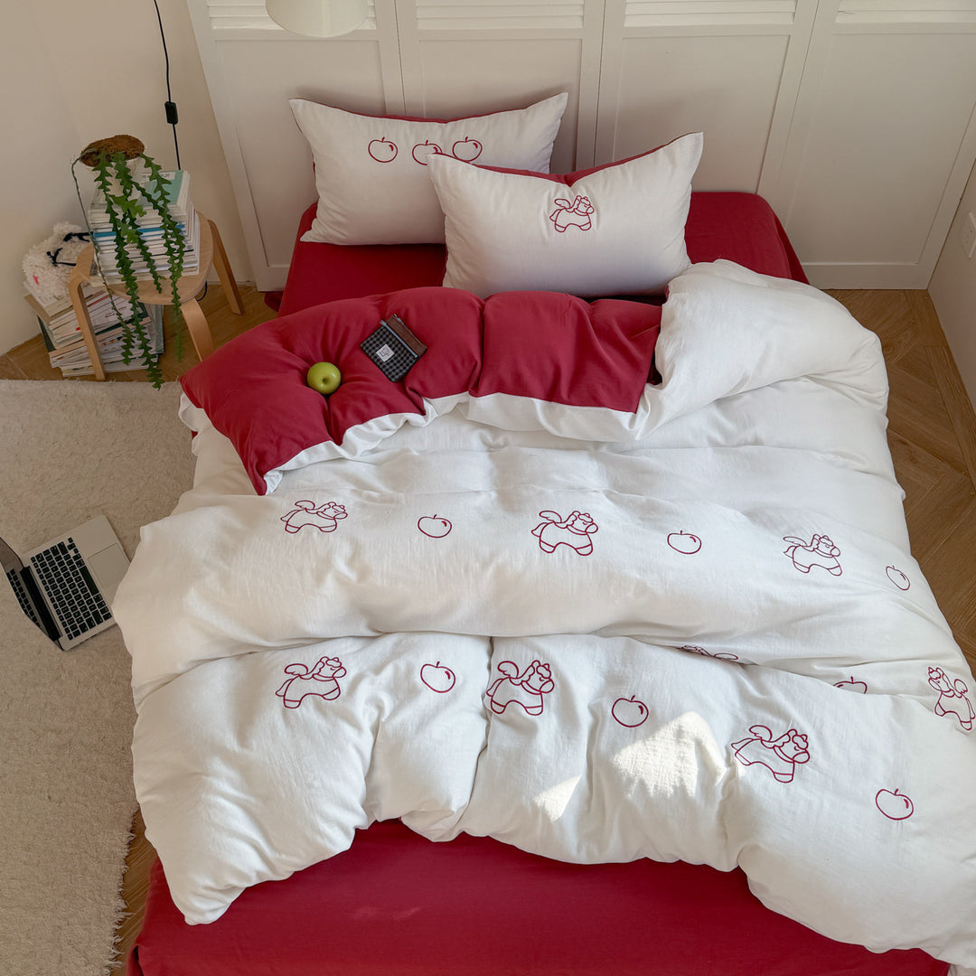 Pastel Bunny Embroidered Cotton Percale Duvet Cover and Pillow Sham Set