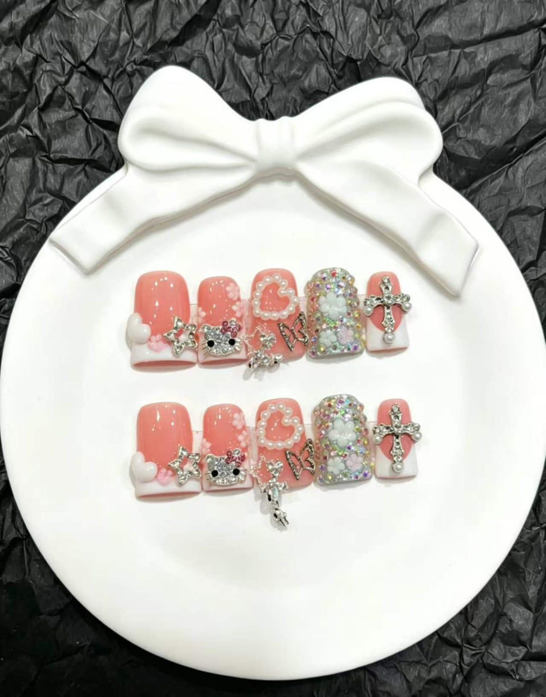 Decorative Press-On Nail Art Set with 3D Charms