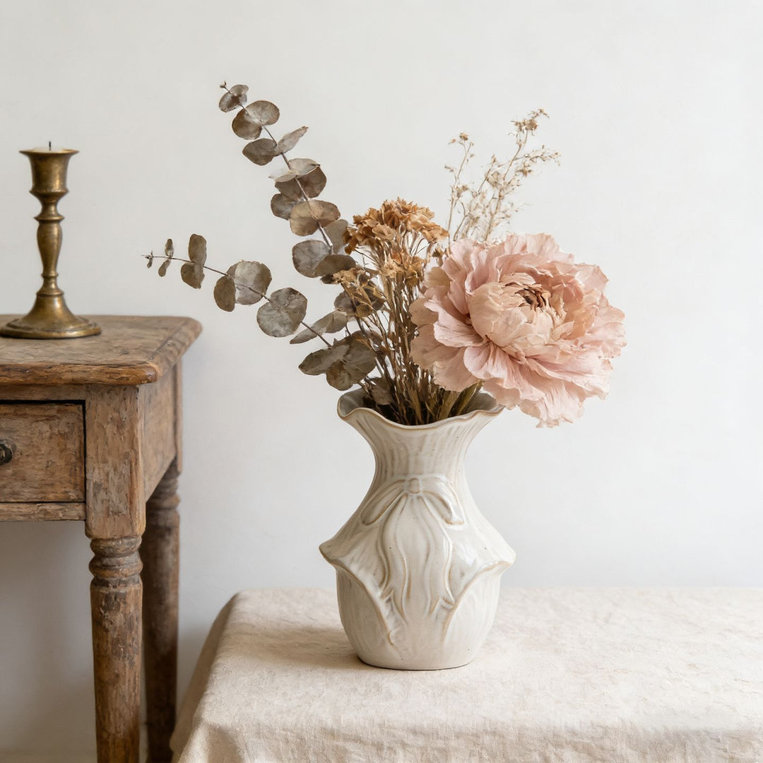 Petite Sculptural Ceramic Bud Vase with Organic Leaf Relief