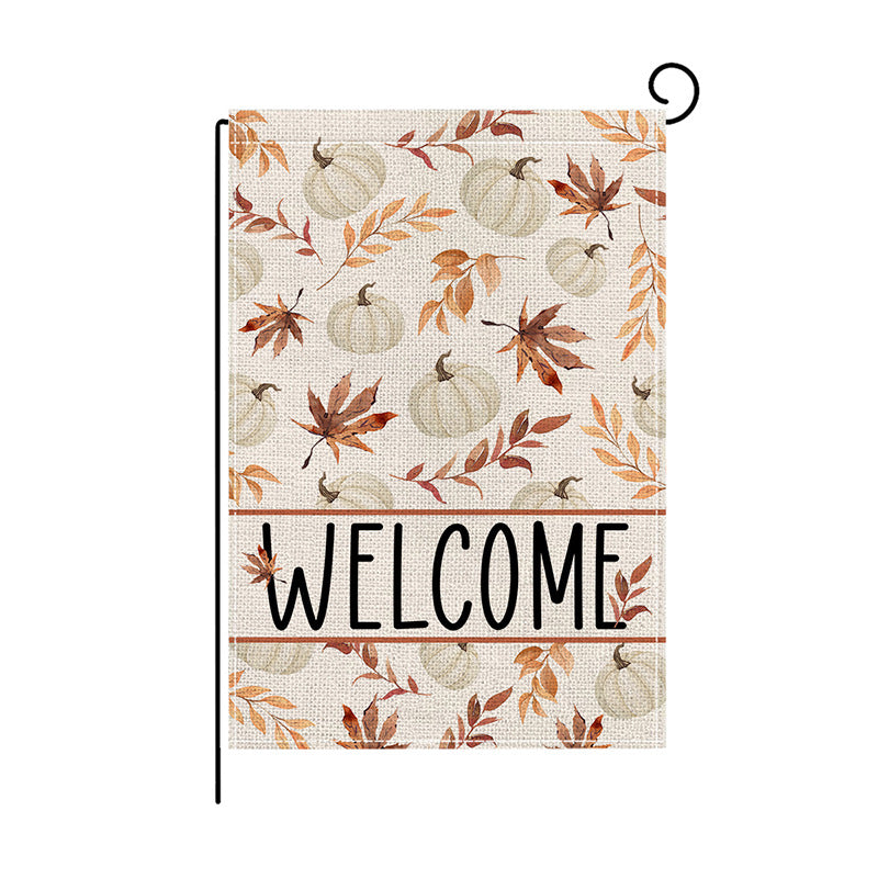 Double-Sided Burlap-Texture Autumn Garden Flag with Hand-Illustrated Pumpkins and 'Happy Fall' Typography