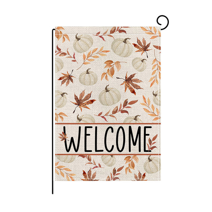 Double-Sided Burlap-Texture Autumn Garden Flag with Hand-Illustrated Pumpkins and 'Happy Fall' Typography