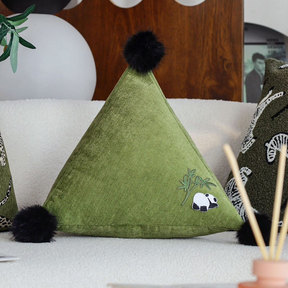 Triangular Decorative Back Cushion with Panda Embroidery and Fluffy Pom Poms Stornfield