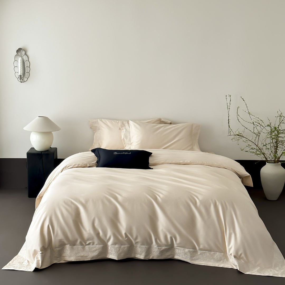 Luxury Satin-Feel Reversible Duvet Cover Set with Embroidered Hem and Pillow Shams