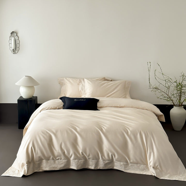 Luxury Satin-Feel Reversible Duvet Cover Set with Embroidered Hem and Pillow Shams