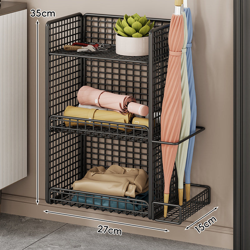 Wall-Mounted Mesh Entryway Organizer with Three-Tier Shelves and Side Umbrella Rack