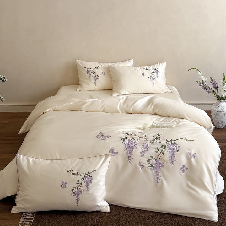 Reversible Silk-Effect Embroidered Wisteria Duvet Cover Set with Piped Shams