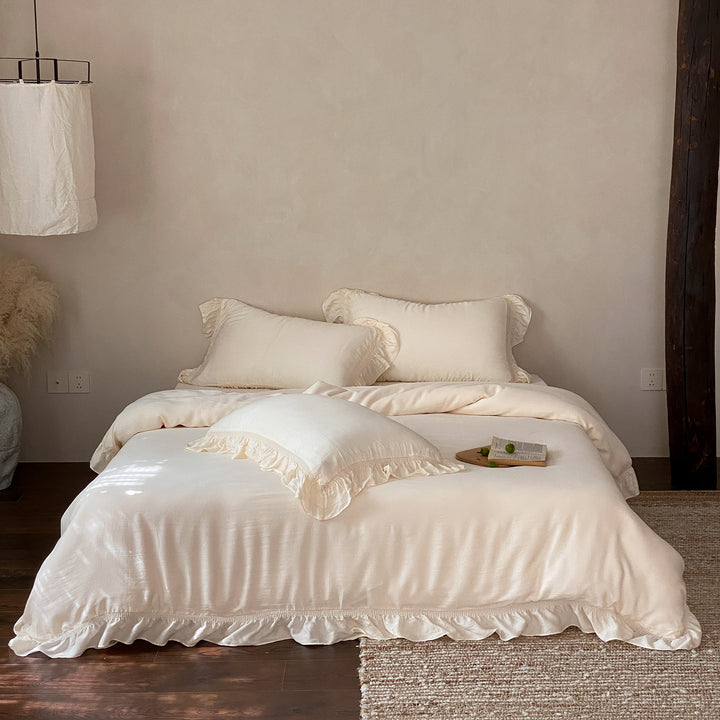 Washed Ruffled Linen Duvet Cover Set with Frilled Pillow Shams