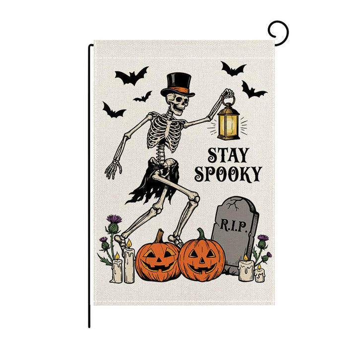 Outdoor Halloween Garden Flag Double-Sided Polyester Yard Banner with Skeleton and Jack-o'-Lantern Illustration