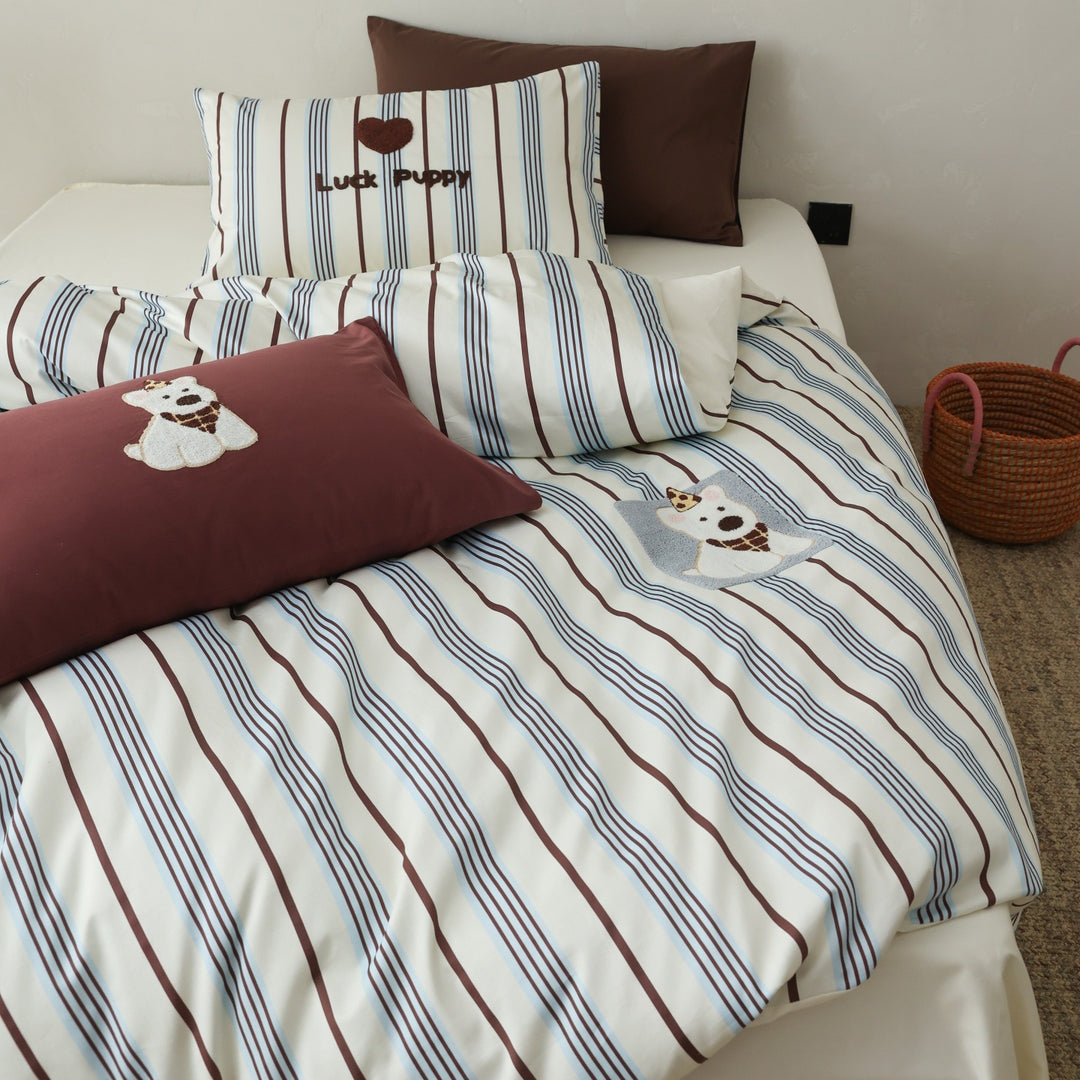 Striped Duvet Cover Set with Embroidered Puppy Appliqué and Matching Pillowcases