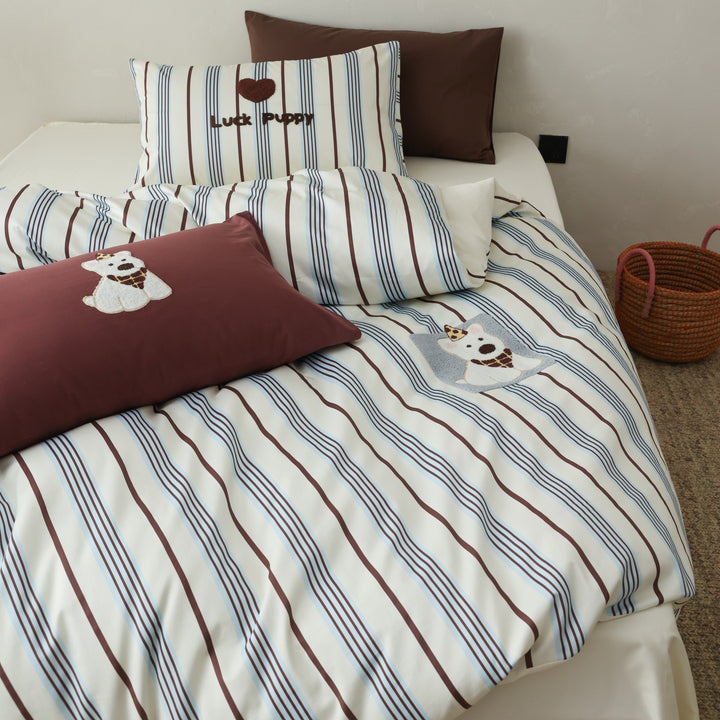 Striped Duvet Cover Set with Embroidered Puppy Appliqué and Matching Pillowcases