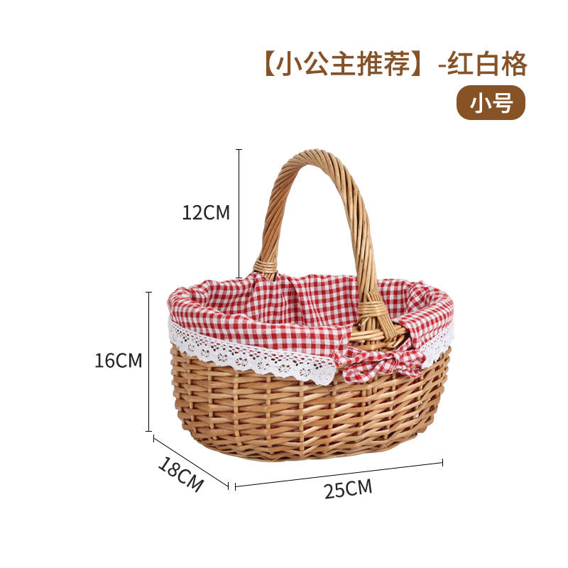 Women's braided basket with checkered fabric insert and decorative lace embellishment Stornfield