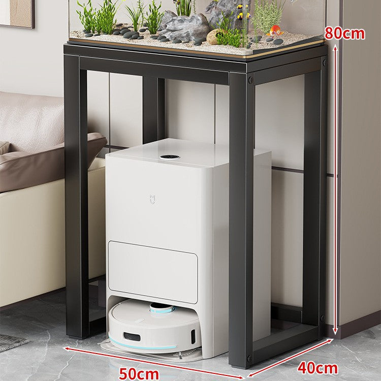 Gold Metal Aquarium Console Table with Faux Marble Top and Robot Vacuum Storage