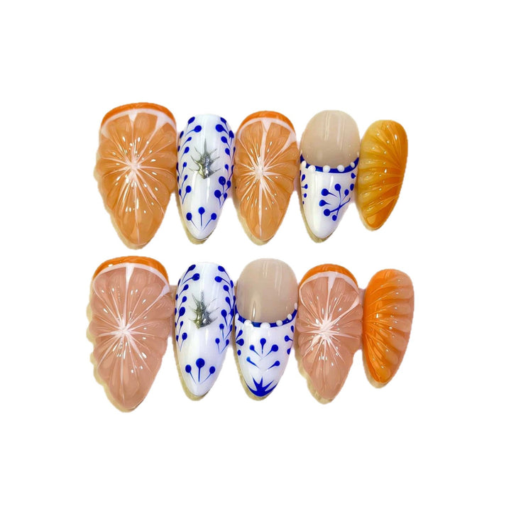 Artistic Press-On Nail Set Featuring Citrus Patterns