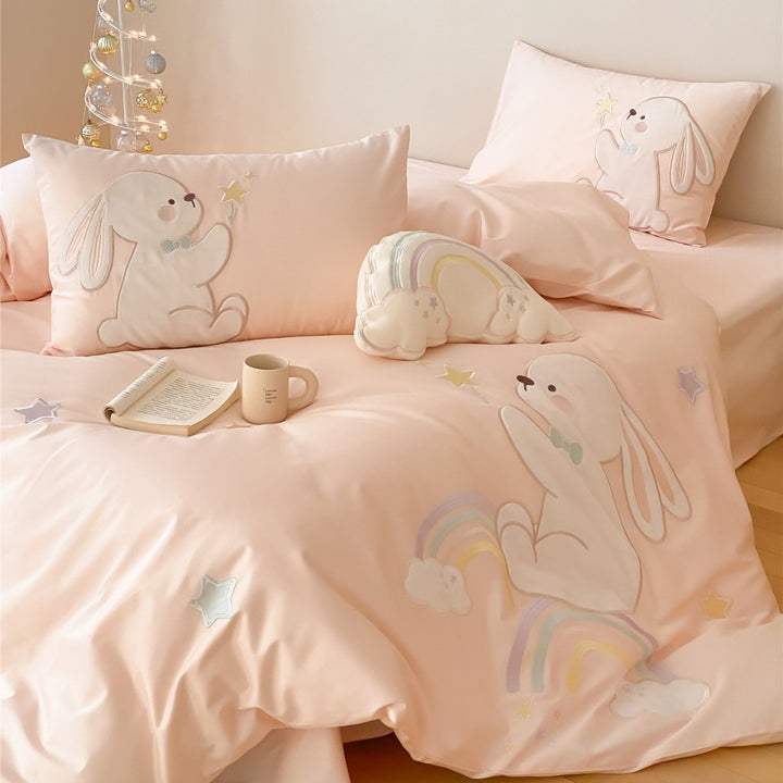 Children's Cotton Duvet Cover Set with Embroidered Bunny and Rainbow Appliqué