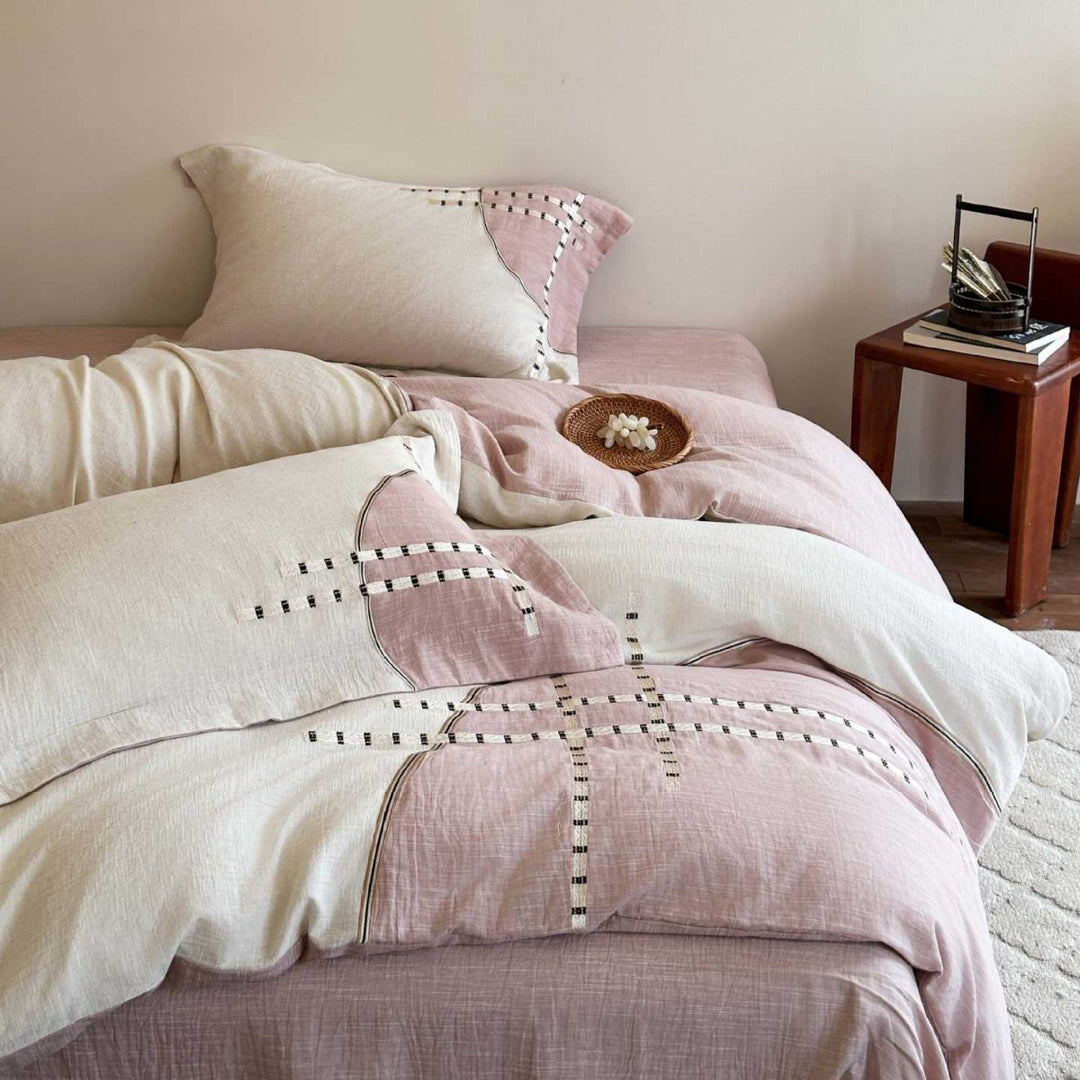 Cotton-Linen Textured Reversible Duvet Cover Set with Patchwork Stitch Detail