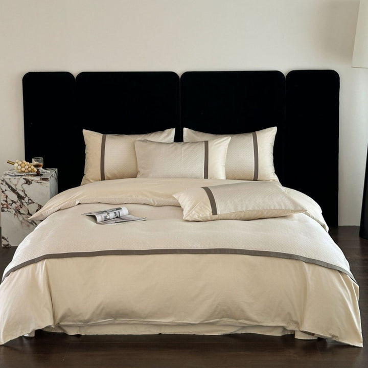 Hotel-Style Brushed Cotton Duvet Cover Set with Textured Quilt Panel and Contrasting Border