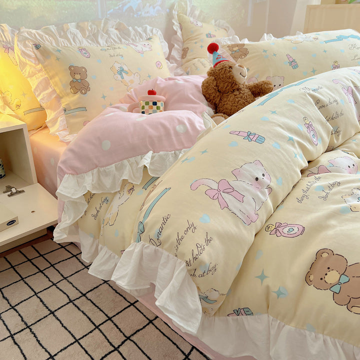 Ruffled Frilled Cotton Cartoon Animal Duvet Cover & Pillow Sham Set
