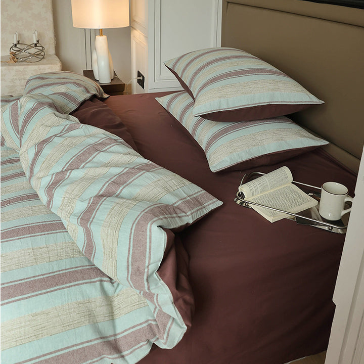 Striped Textured Cotton-Linen Reversible Duvet Cover Set with Pillow Shams