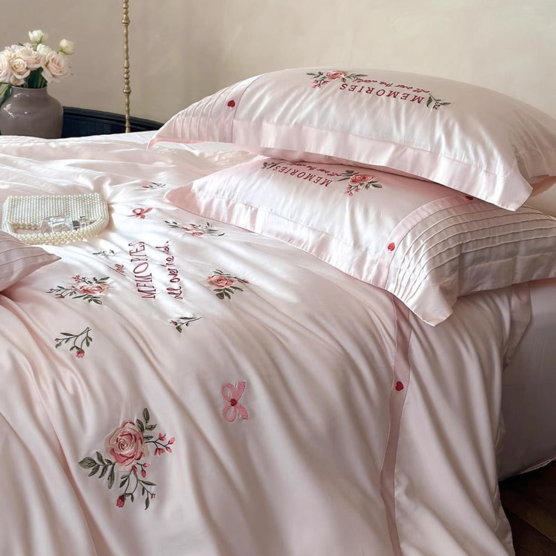 Embroidered Floral Cotton-Sateen Duvet Cover Set with Pintuck Accent Shams