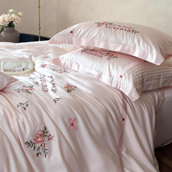 Embroidered Floral Cotton-Sateen Duvet Cover Set with Pintuck Accent Shams