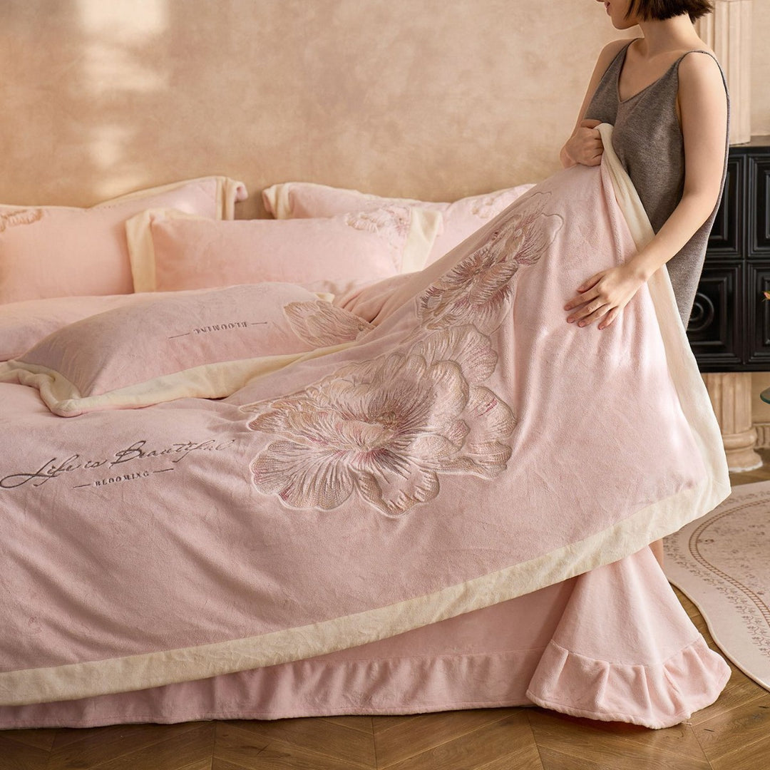 Plush Embroidered Peony Velvet Duvet Cover Ensemble