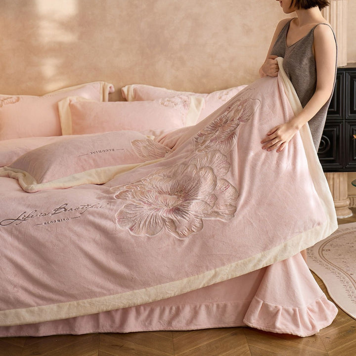 Plush Embroidered Peony Velvet Duvet Cover Ensemble