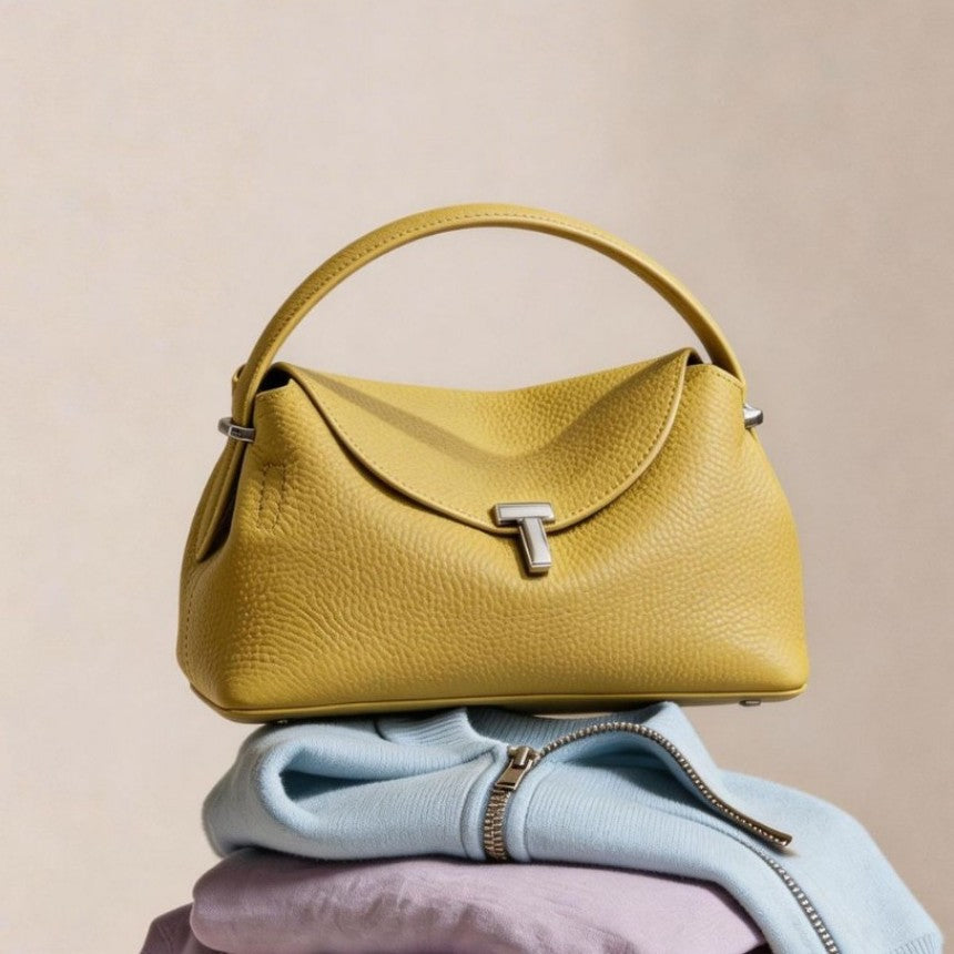 Curved Envelope Top-Handle Pebbled Satchel with Removable Crossbody Strap
