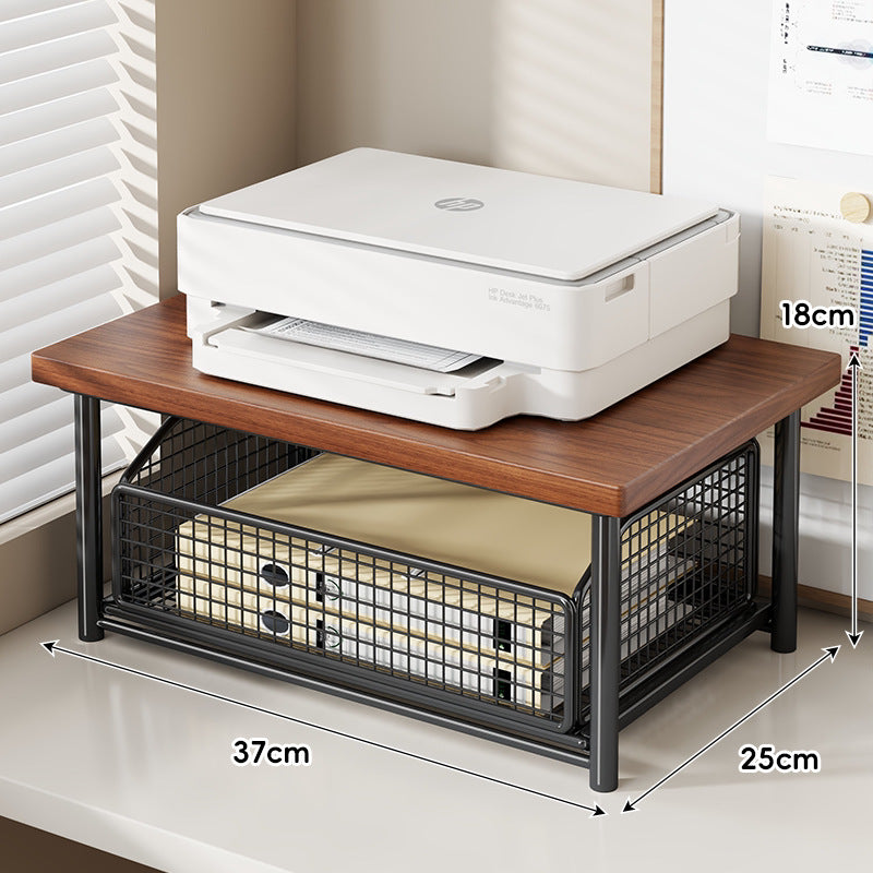 Compact Desktop Printer Stand with Wooden Top and Sliding Mesh Drawer