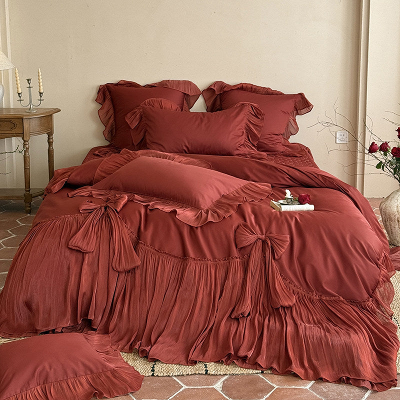 Romantic Ruffled Pleated Duvet Cover Ensemble with Bow-Tie Skirt & Oxford Shams