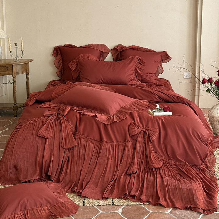 Romantic Ruffled Pleated Duvet Cover Ensemble with Bow-Tie Skirt & Oxford Shams