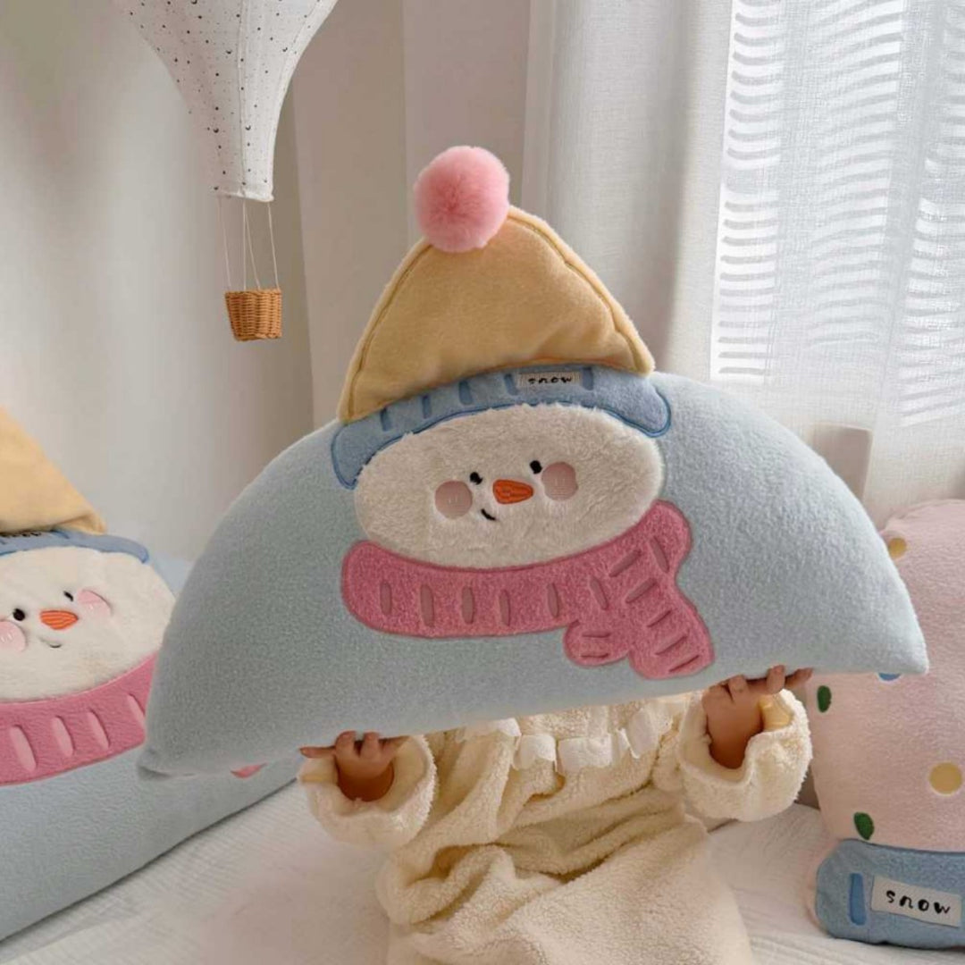 Plush Semi-Circle Decorative Throw Pillow with Snowman Appliqué and Pom-Pom Hat