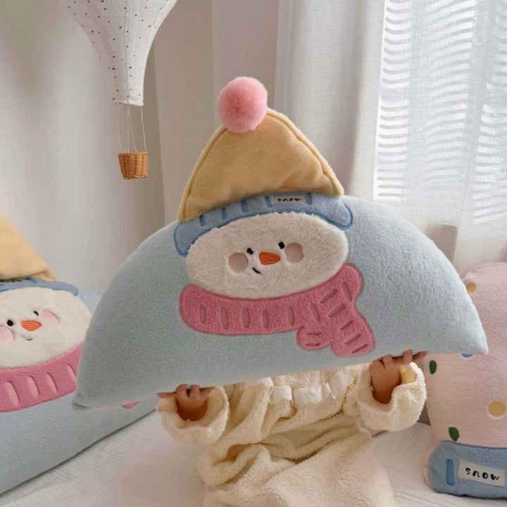 Plush Semi-Circle Decorative Throw Pillow with Snowman Appliqué and Pom-Pom Hat