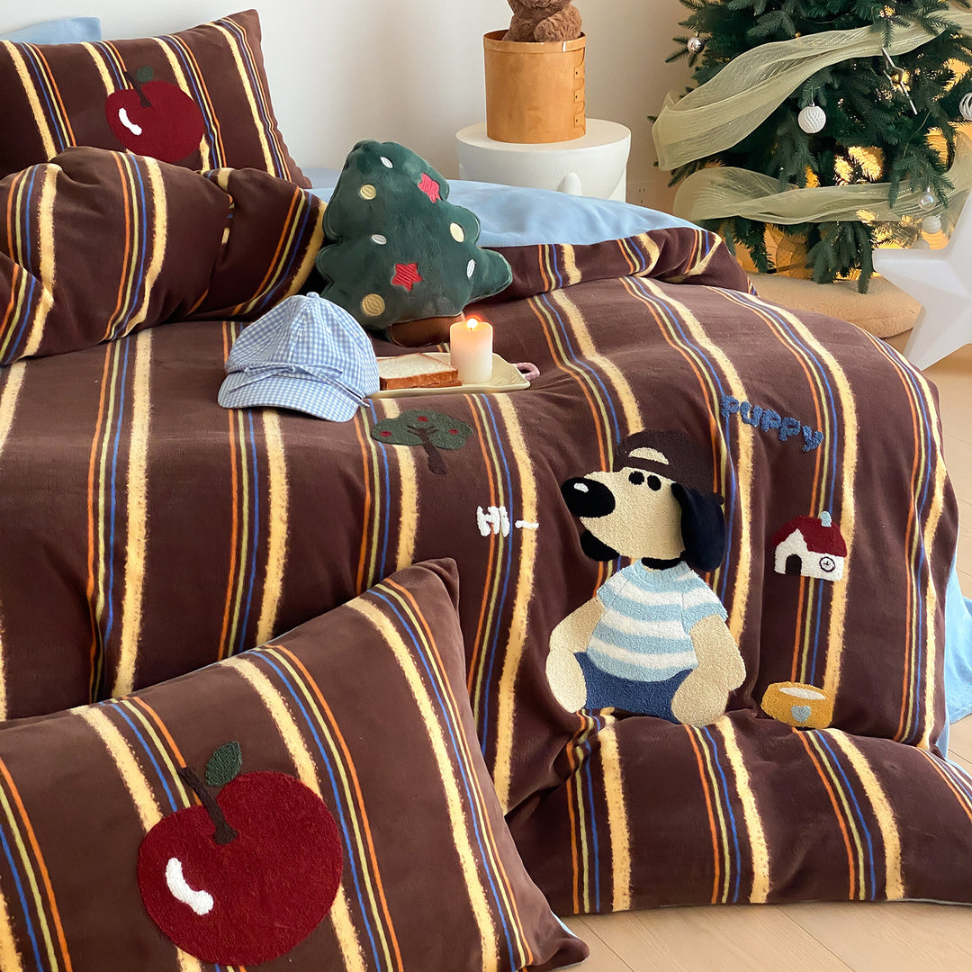 Plush Embroidered Velvet-Feel Duvet Cover Set with Cartoon Dog Appliqué