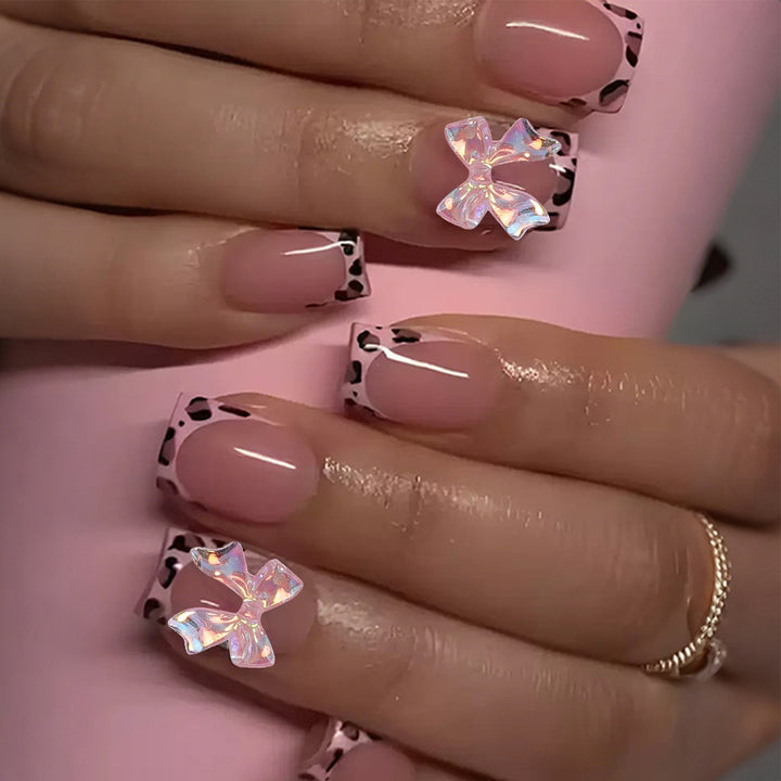 Acrylic nail set with colorful bows and leopard patterns Stornfield