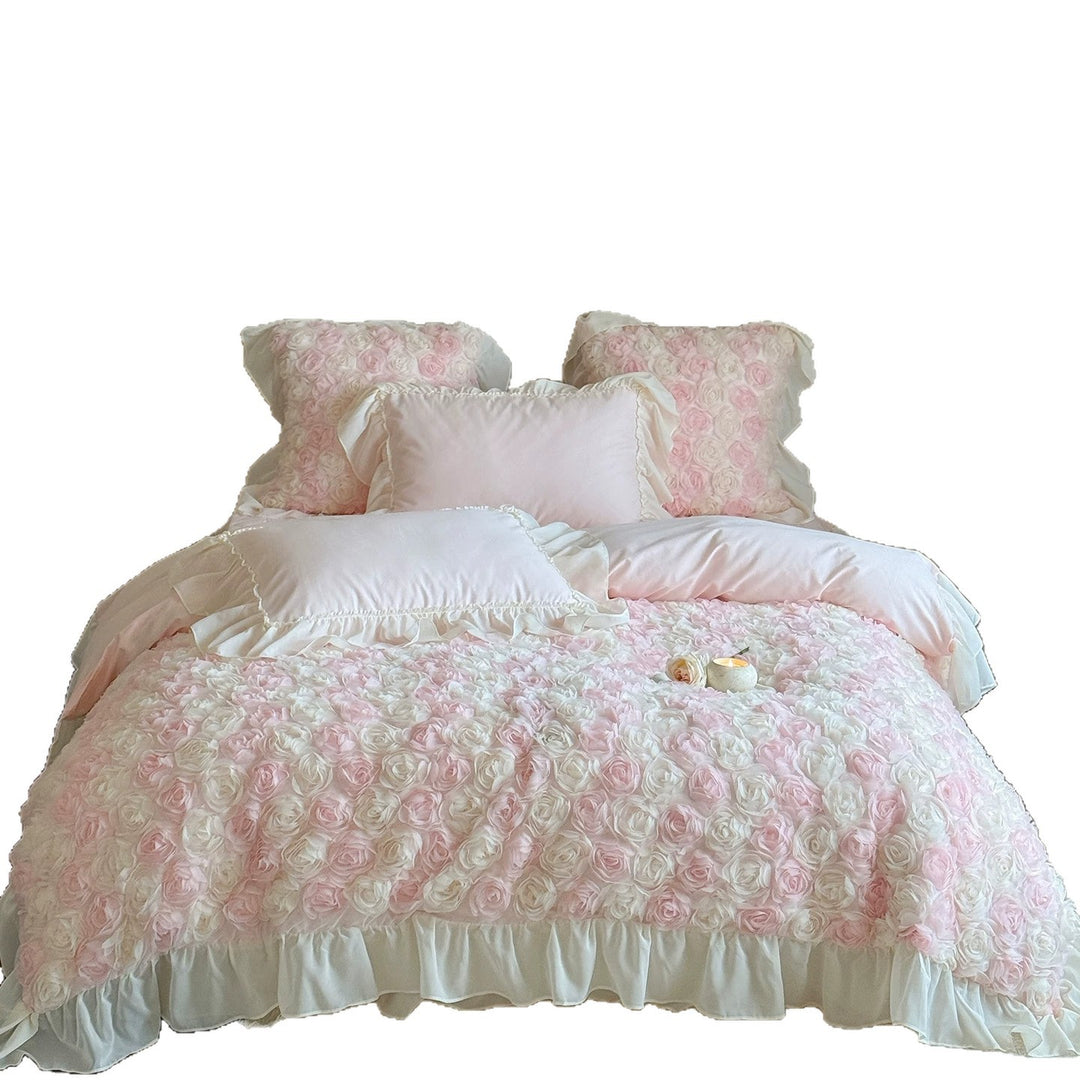 Romantic Three-Dimensional Rose Applique Floral Duvet Cover Set with Ruffled Shams