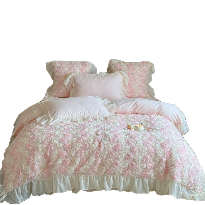 Romantic Three-Dimensional Rose Applique Floral Duvet Cover Set with Ruffled Shams
