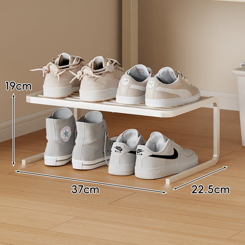 Compact Low-Profile Two-Level Metal Shoe Organizer Rack