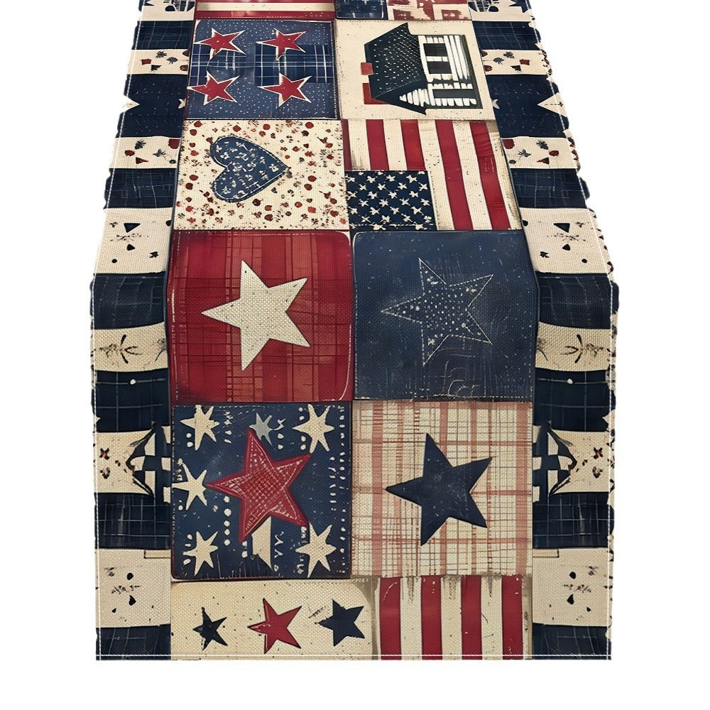 Distressed American Flag Cotton-Linen Table Runner with Patriotic Stars and Stripes Print