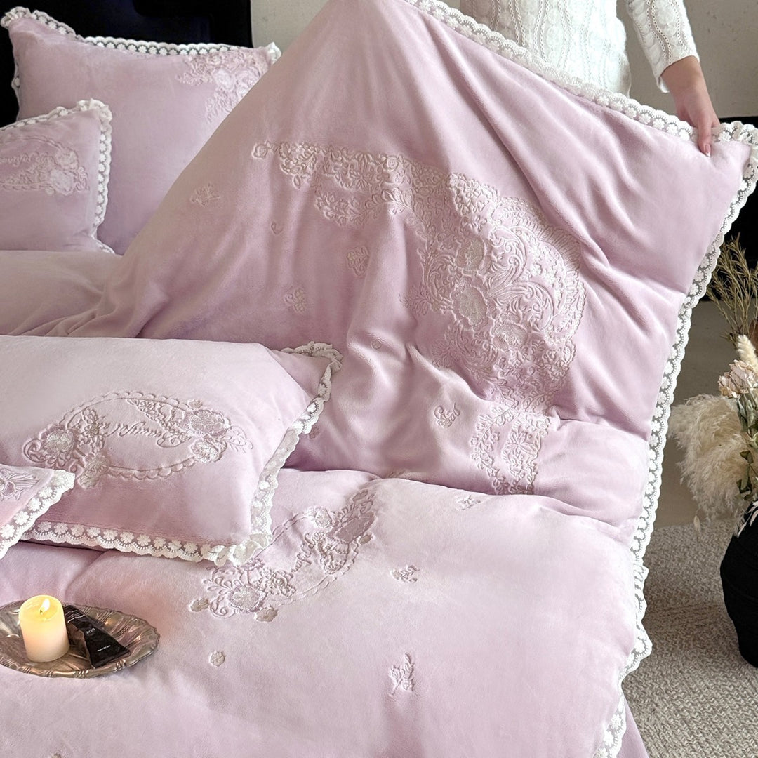 Plush Velvet-Texture Embroidered Duvet Cover & Sham Set