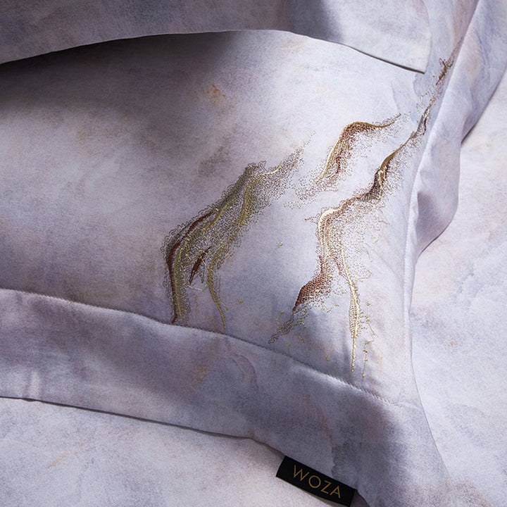 Marble-Effect Cotton Sateen Duvet Cover Set with Knitted Throw and Oxford Shams