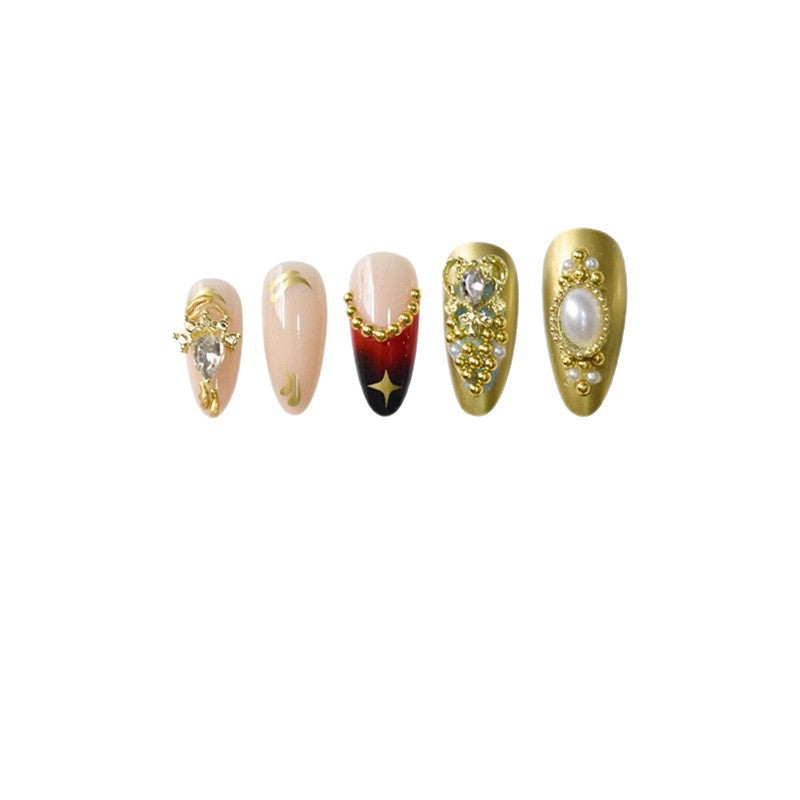 Artistic Decorative Press-On Nail Set with Gemstone and Pearl Accents Stornfield