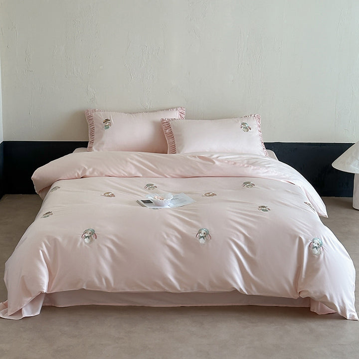 Silk-Feel Cotton Sateen Embroidered Bunny Duvet Cover Set