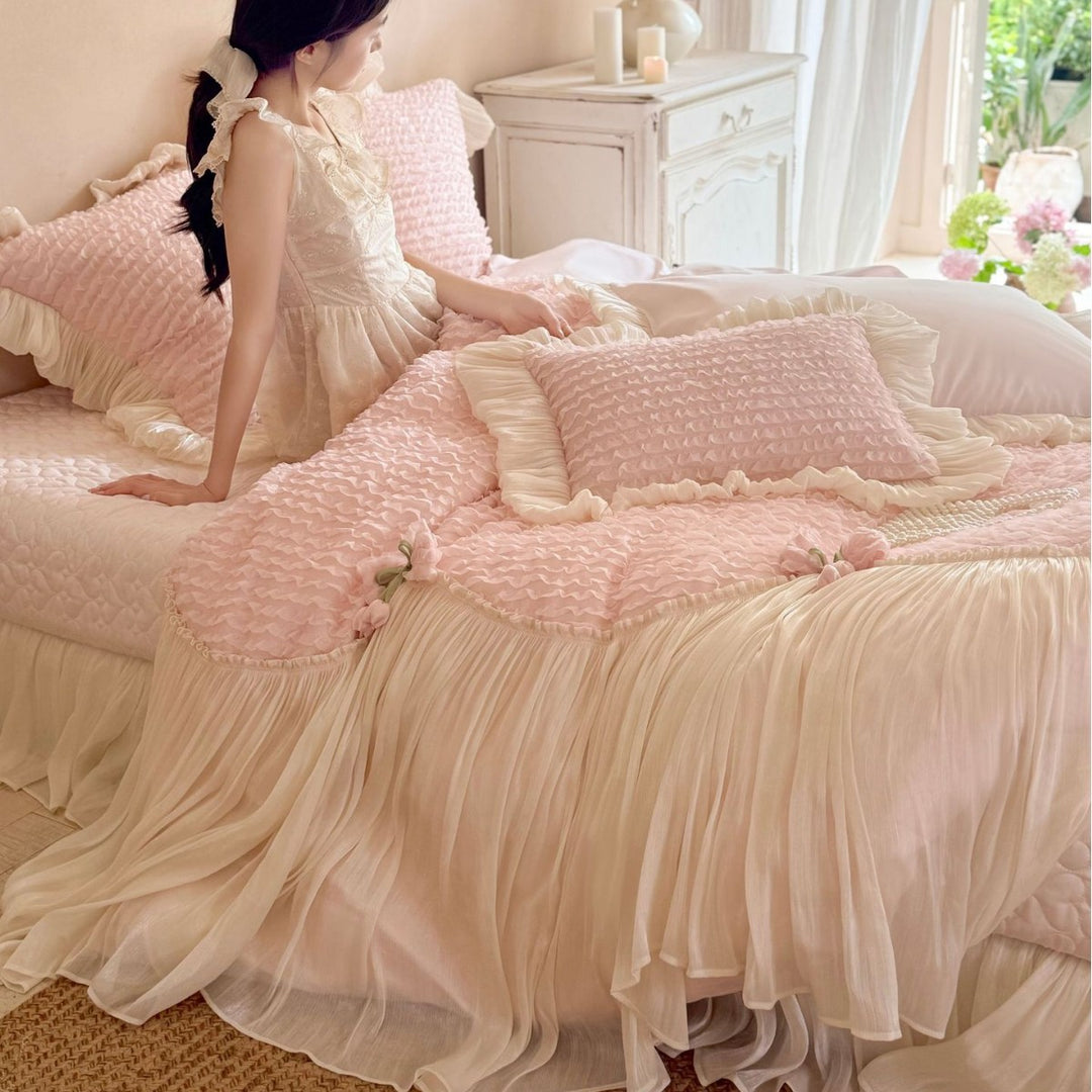 Luxurious duvet cover set with pleated bed skirt, ruffles and delicate frill decoration