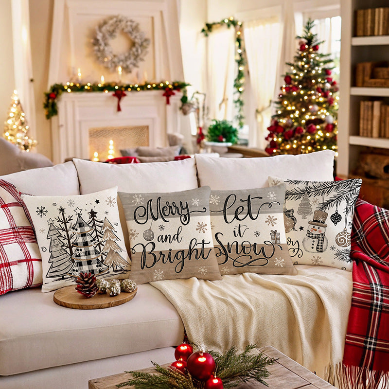 Square Cotton-Linen Holiday Throw Pillow Cover with Handlettered Merry and Bright Script and Snowflake Ornament