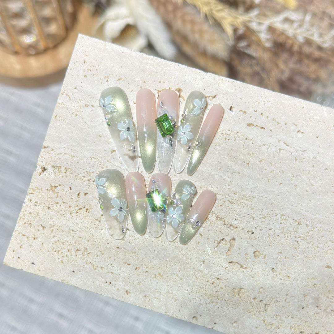 Floral Gemstone Stiletto Nail Set Stornfield